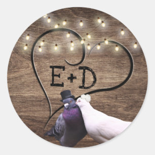 Lovebirds & String Lights Monogram Rustic Wedding Classic Round Sticker