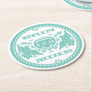 Lovebirds teal 4" paper coaster