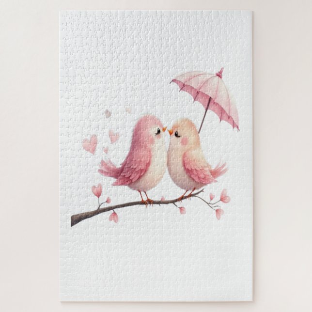 Lovebirds Under a Pink Umbrella Jigsaw Puzzle (Vertical)