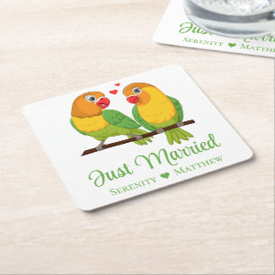 Lovebirds Yellow Green Love Birds Just Married Square Paper Coaster
