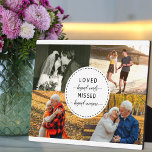 Loved Beyond Words Sand Remembrance White Photo Plaque<br><div class="desc">Remembrance Photo Plaque in loving memory of a loved one. The wording in the center reads "loved beyond words, missed beyond measure" and is lettered in elegant script and modern uppercase typography. The photo template is set up for you to add 4 of your favorite photos to create your own...</div>