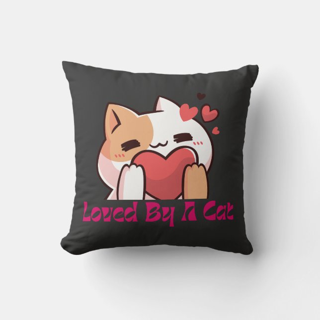 "Loved By A Cat Kawaii Cat Black Throw Pillow" Cushion (Front)