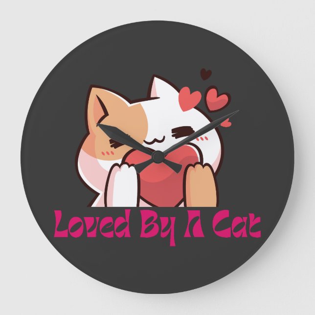 "Loved By A Cat Kawaii Cat Wall Clock"  Large Clock (Front)