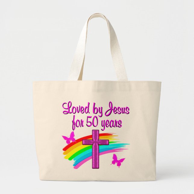 LOVED BY GOD 50TH BIRTHDAY DESIGN LARGE TOTE BAG (Front)