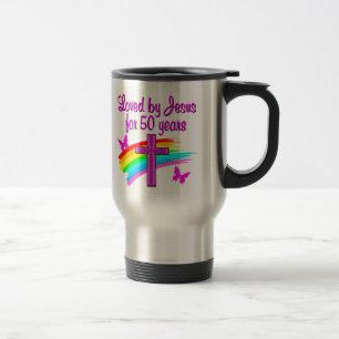 LOVED BY GOD 50TH BIRTHDAY DESIGN TRAVEL MUG