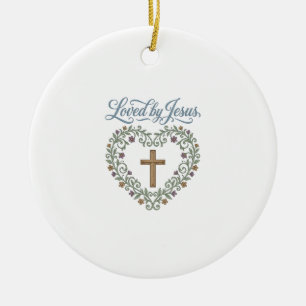 Loved by Jesus Floral Cross Christian T-Shirt Desi Ceramic Tree Decoration