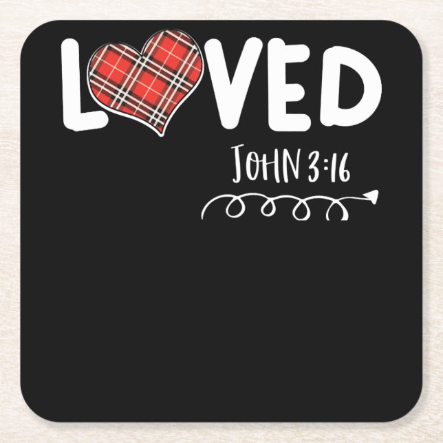 Loved John 3:16 Red Plaid Heart Christian Square Paper Coaster (Front)