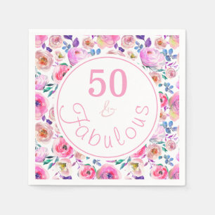 Lovely 50 and Fabulous Watercolor Birthday Party Napkin