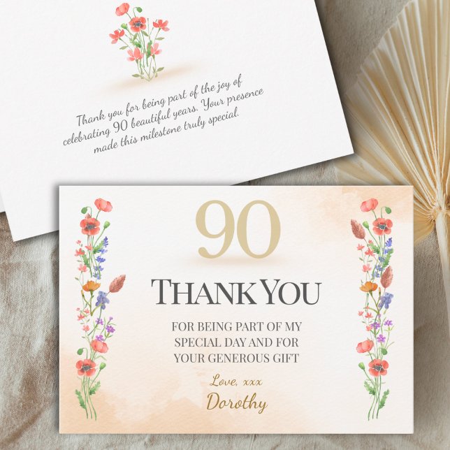 Lovely 90th Birthday – Wildflower Design Thank You Card (Creator Uploaded)