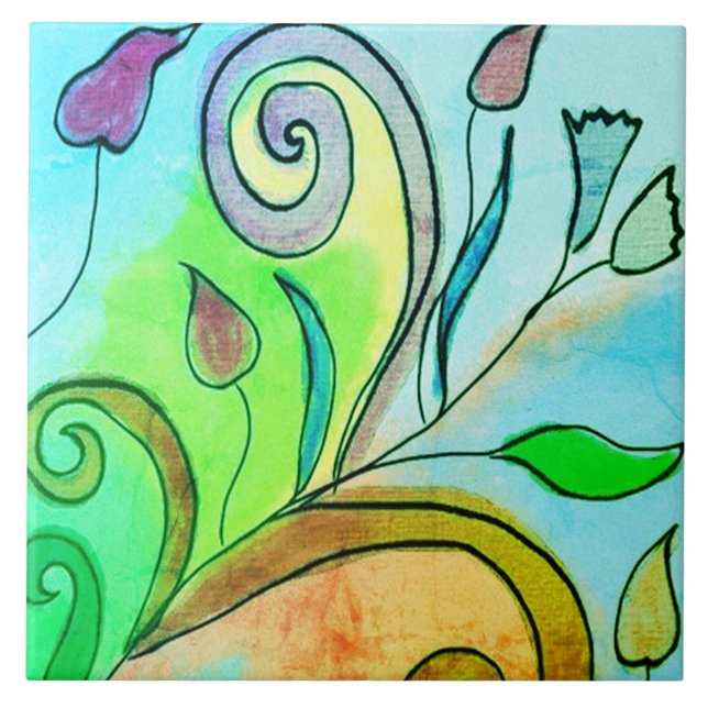 Lovely Abstract Floral Digital Painting Tile (Front)