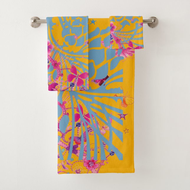 Lovely Amazing Floral Feminine butterflies pattern Bath Towel Set (Insitu)