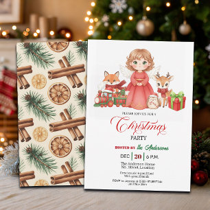Lovely Angel with Forest Animals Christmas Party  Invitation