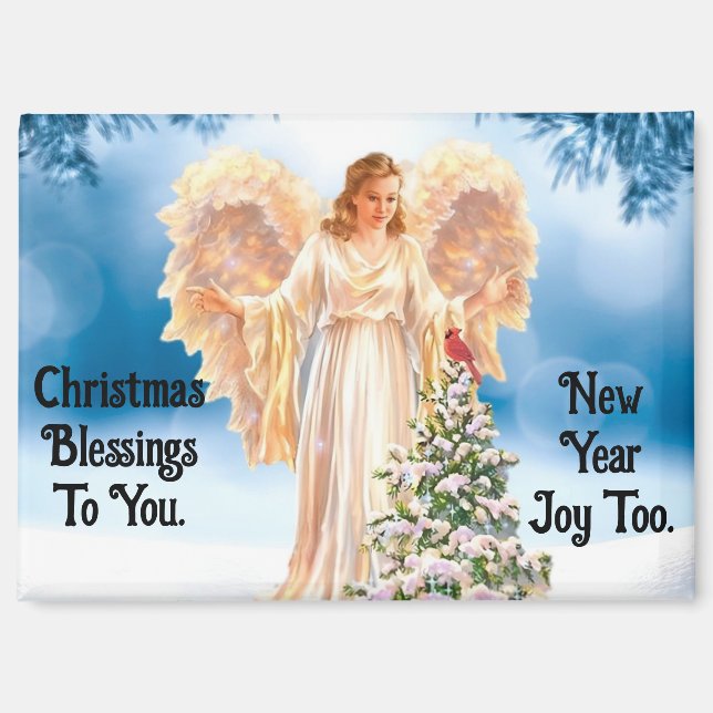 Lovely Angel With Tree Christmas Magnet (Front)
