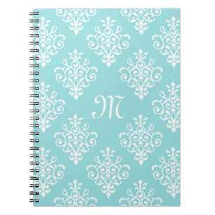 Lovely Aqua Blue and White Damask With Monogram Spiral Notebook