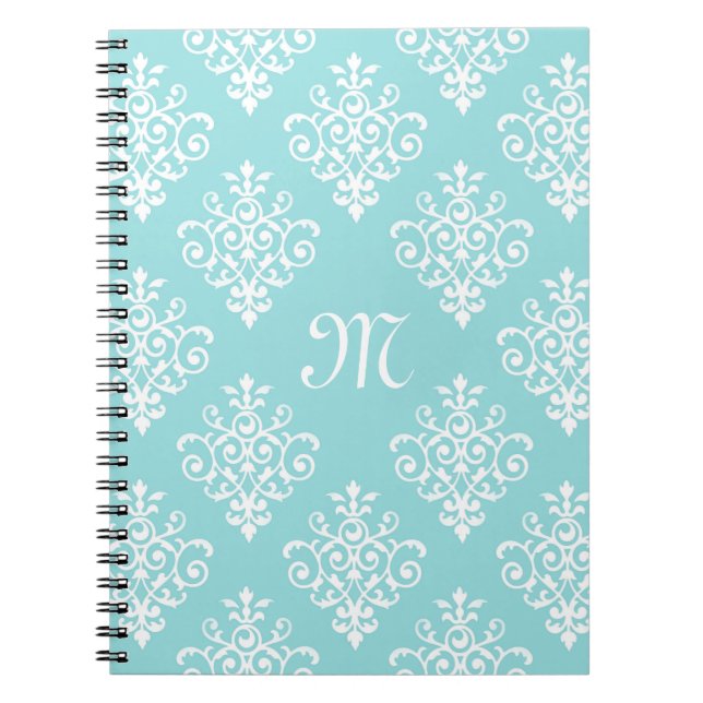 Lovely Aqua Blue and White Damask With Monogram Spiral Notebook (Front)
