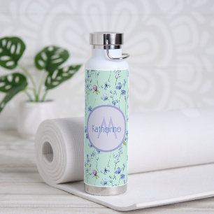 Lovely Aqua Blue Green Bottle With Purple Flowers