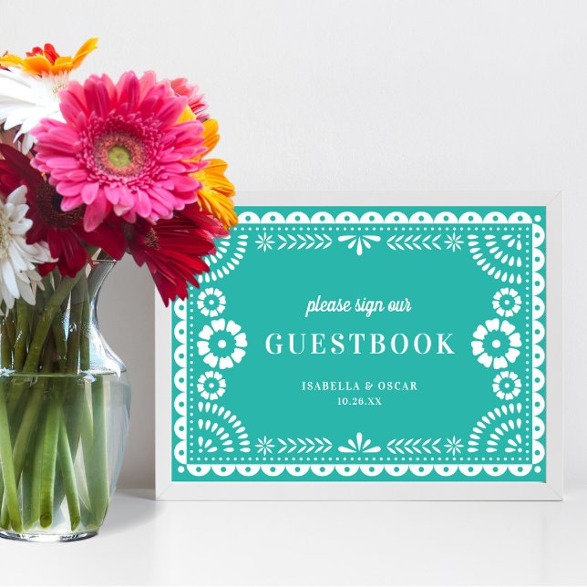 Lovely Aqua Papel Picado Wedding Guestbook Sign (Creator Uploaded)