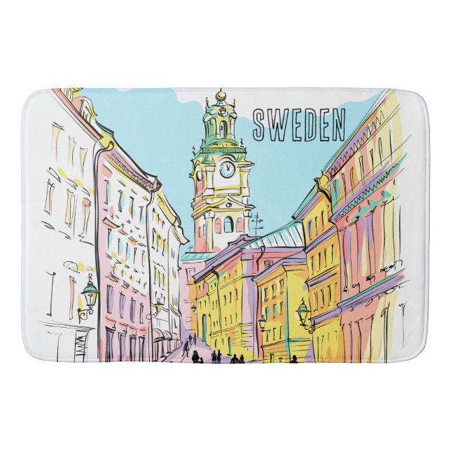 Lovely art Stockholm City Sweden Watercolor White Bath Mat (Front)