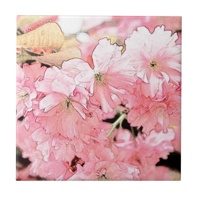 Lovely artistic sketch pink cherry blossom flowers tile (Front)
