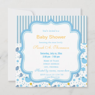Lovely baby birds and flower blue baby shower invitation