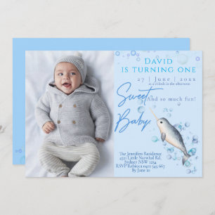 Lovely baby boy Narwhal 1st Birthday Party Invitation