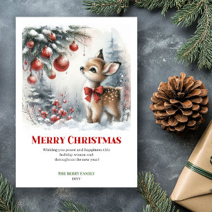 Lovely Baby Fawn Winter Scene Watercolor Greeting  Holiday Card