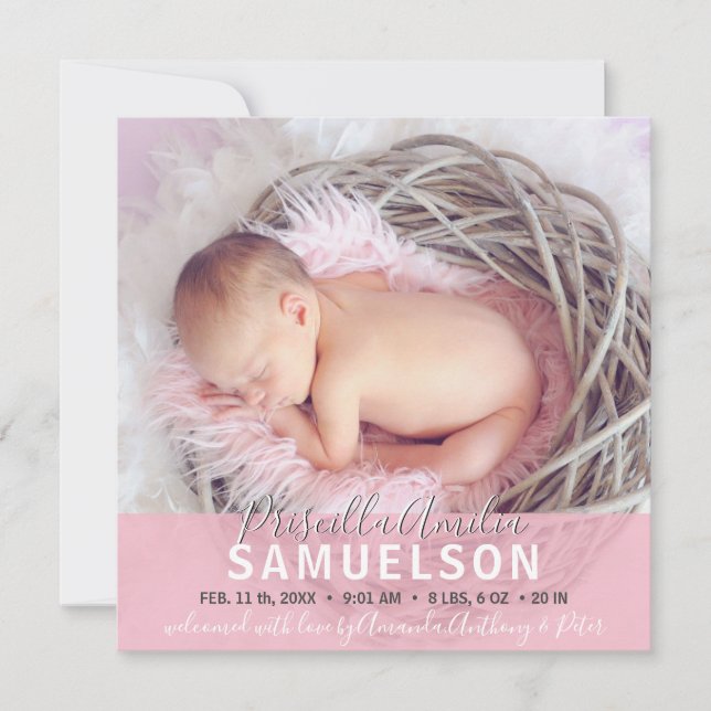 Lovely Baby Girl Birth Announcement Pink PHOTO (Front)