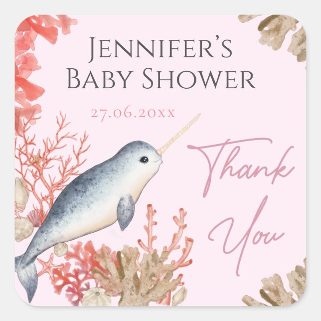 Lovely baby Narwhal seashell Baby Shower Thank you Square Sticker (Front)