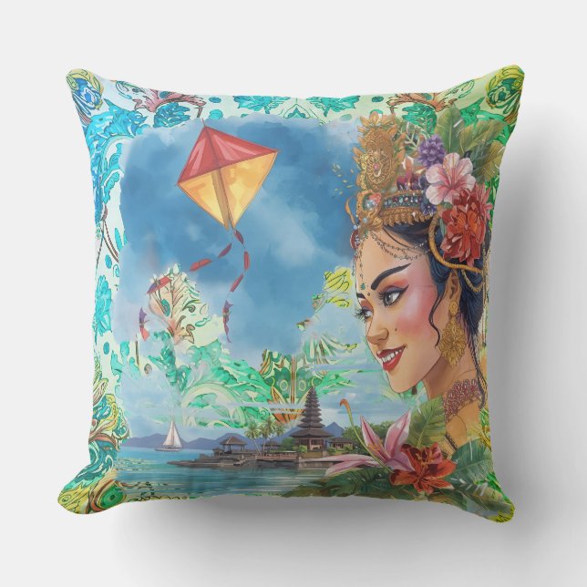 Lovely Bali Dancer and Tropical Pattern Cushion (Front)