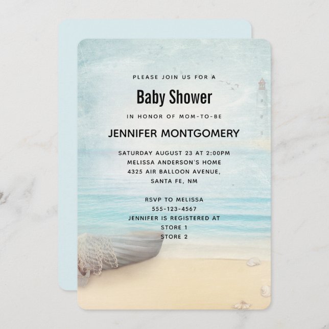 Lovely Beach Scene with Boat & Lighthouse Shower Invitation (Front/Back)