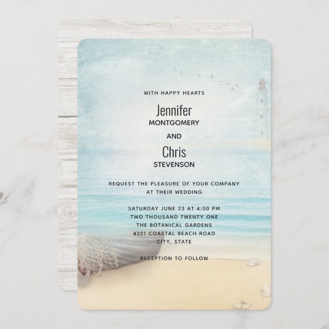 Lovely Beach Scene with Boat & Lighthouse Wedding Invitation (Front/Back)