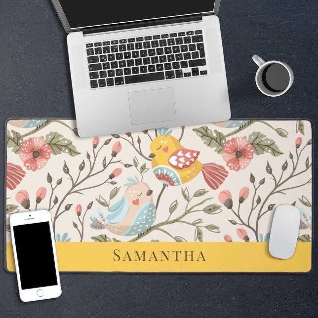 Lovely birds floral with name desk mat (Creator Uploaded)