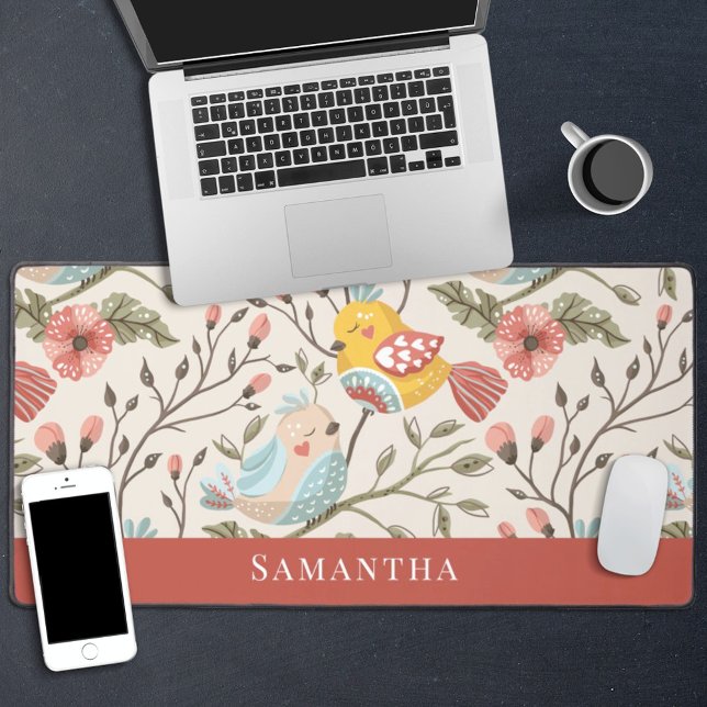 Lovely birds floral with name desk mat (Creator Uploaded)