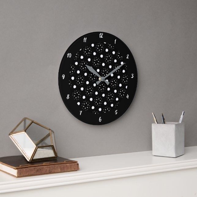 Lovely Black and White Dots and Daisy Design Large Large Clock (Office)