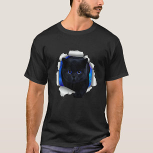 Lovely Black Cat Blue Eyes Cracked Wall Cat Torn C T-Shirt