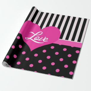 Lovely black pink polka dots, B&W stripes, heart Wrapping Paper