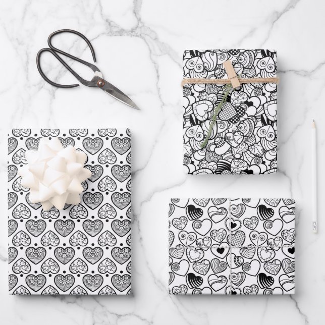 Lovely Black & White Hearts Wrapping Paper Sheets (Front)