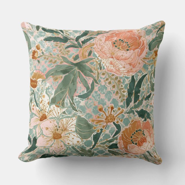 Lovely Blooming Peach Flowers and Leaves, Pattern Cushion (Front)