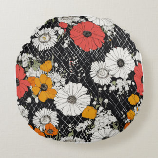Lovely Blooms: Red, White, and Yellow Flower Desig Round Cushion
