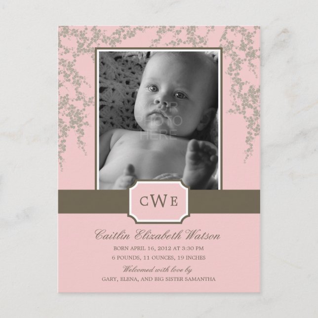 Lovely Blossoms Baby Birth Announcement (Pink) Postcard (Front)