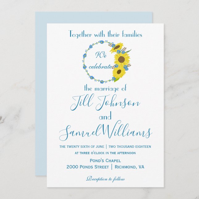 Lovely blue and white sunflower floral wedding invitation (Front/Back)