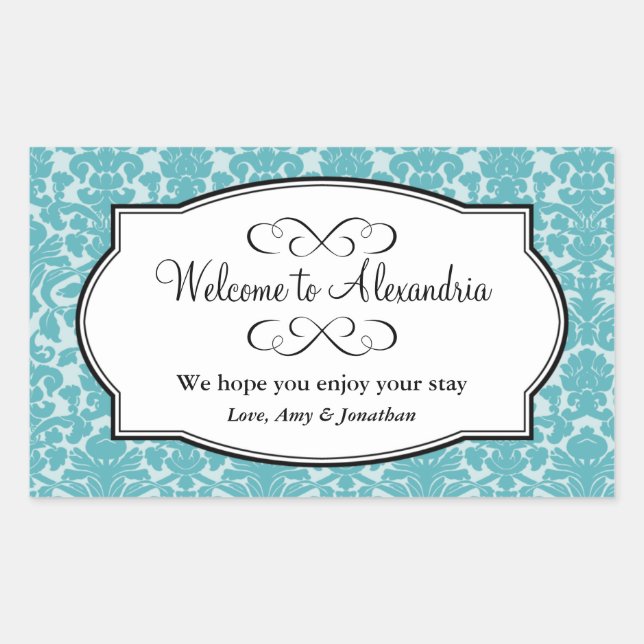 Lovely Blue damask pattern out of town gift bag Rectangular Sticker (Front)