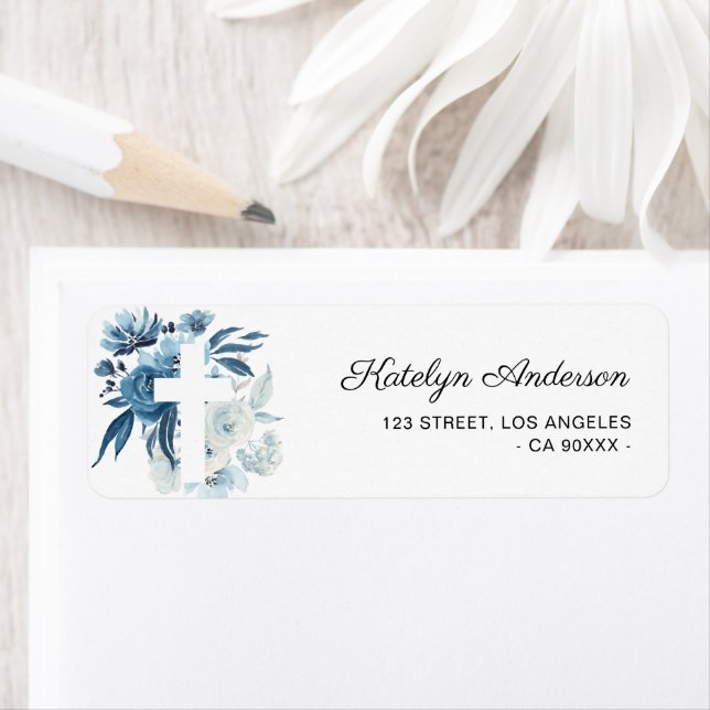 lovely blue floral baptism address label (Insitu)