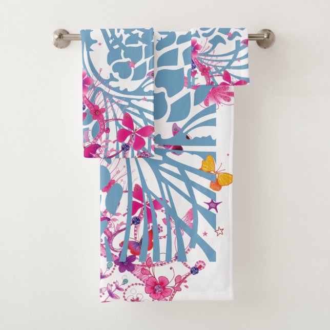 Lovely Blue Floral Feminine butterflies pattern  Bath Towel Set (Insitu)