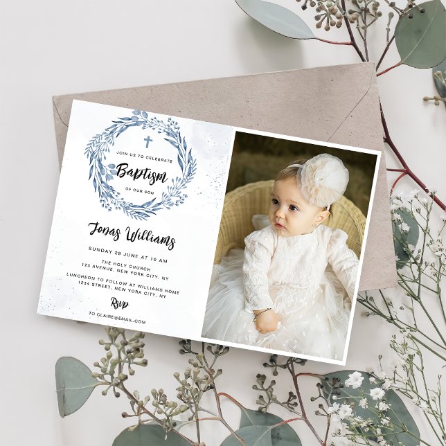 Lovely Blue Florals Baptism Photo Invitation (Creator Uploaded)