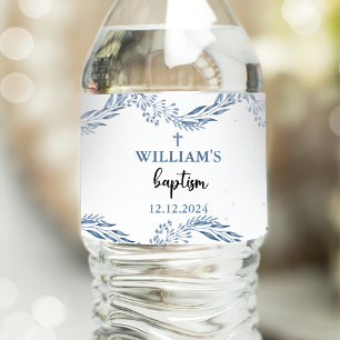 Lovely Blue Florals Baptism Water Bottle Label