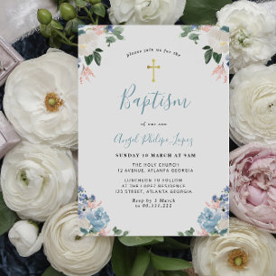 Lovely blue watercolor floral baptism invitation