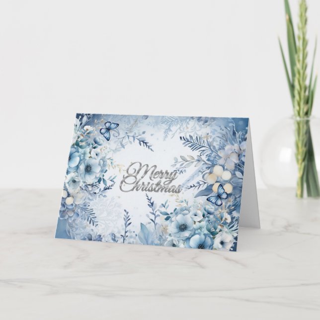 Lovely Blue Watercolor Floral Merry Christmas Card (Front)