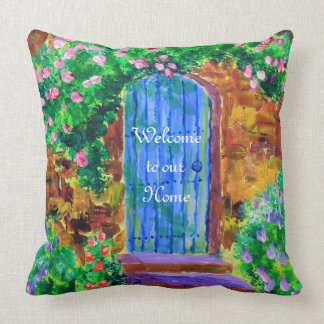Lovely Blue Wooden Door to Secret Rose Garden Cushion