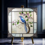Lovely Bluebird on Flowering Vine Tile<br><div class="desc">Lovely Bluebird on Flowering Vine features a bluebird perched on a vine with delicate flower buds and leaves on white done with a stained-glass effect with antique silver border. Many uses for these wonderful ceramic tiles. Available in 2 sizes 4.25" x 4.25 " and 6" x 6". Also available is...</div>
